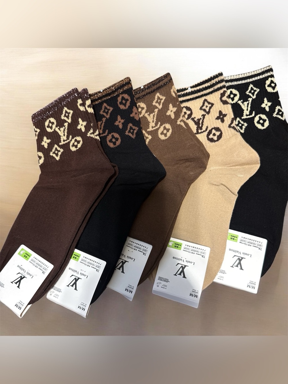 Monogram Crew Socks in Brown, Black, Tan, Cream